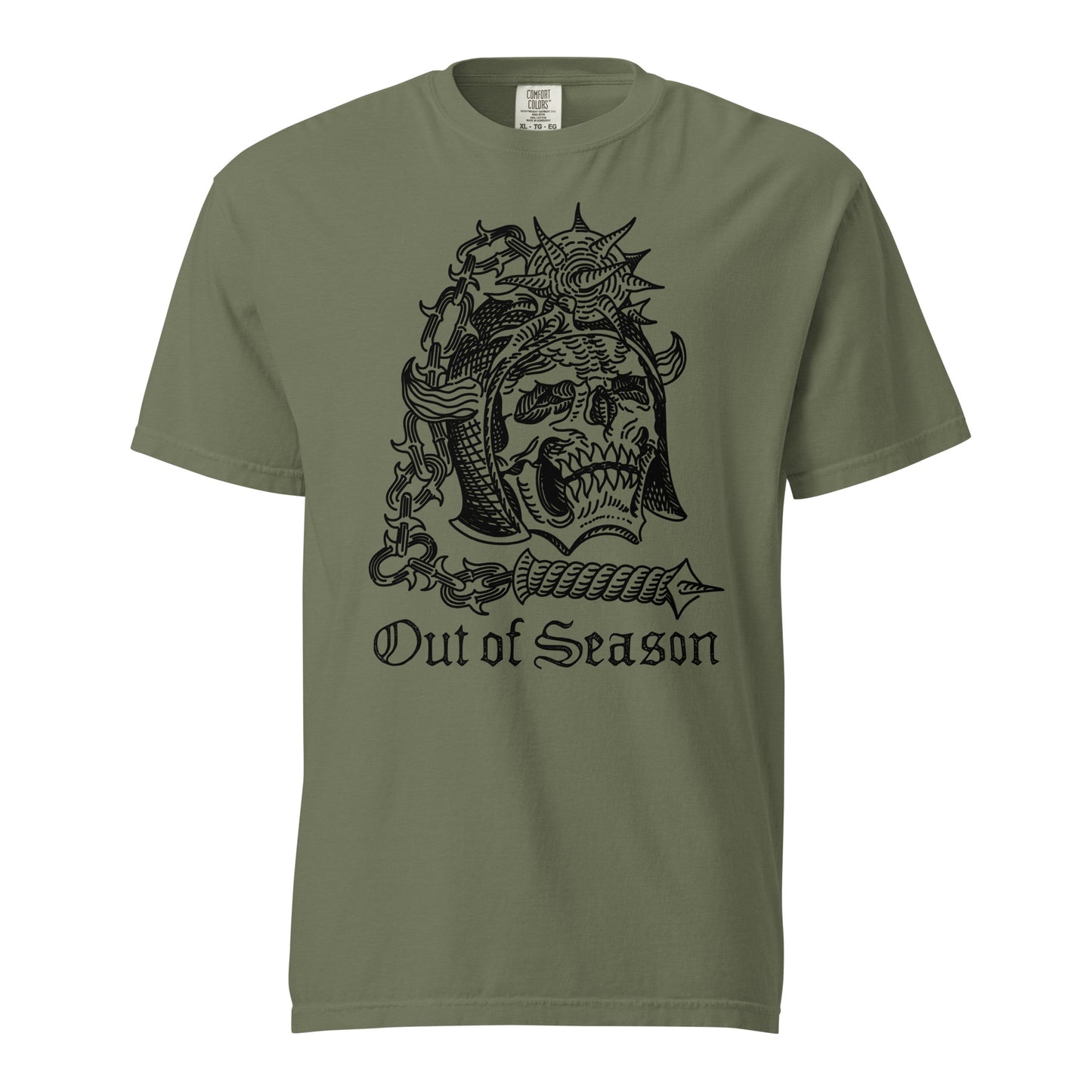 OUT OF SEASON "Skull N' Flail" Premium T-Shirt (Comfort Colors) *EU / UK / WORLD* (Ivory/Moss/White)