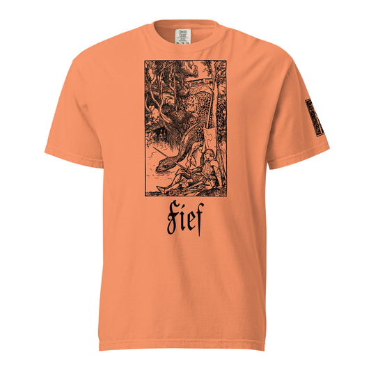 Fief T-shirt, black ink on orange shirt, print of a knight and dragon resting